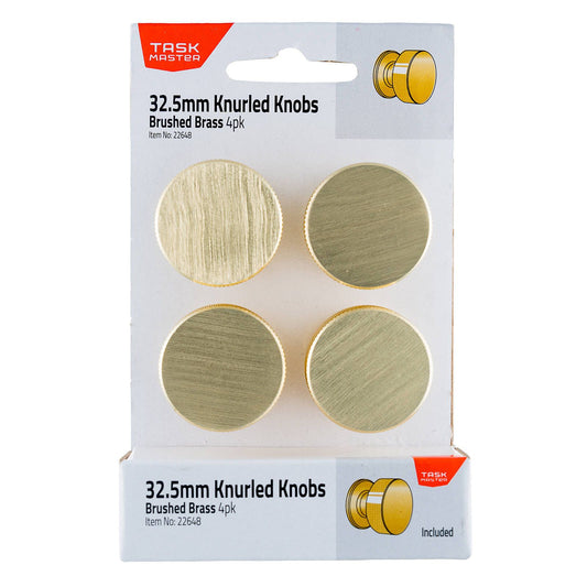 Taskmaster 32.5mm Brushed Brass Knurled Cabinet Knobs - 4 Pack