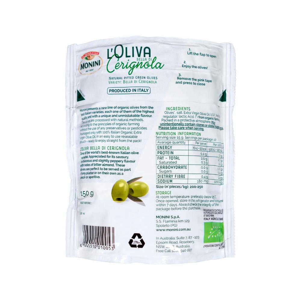 Monini Organic Olives Green Pitted Bella Di Cerignola - 150g
