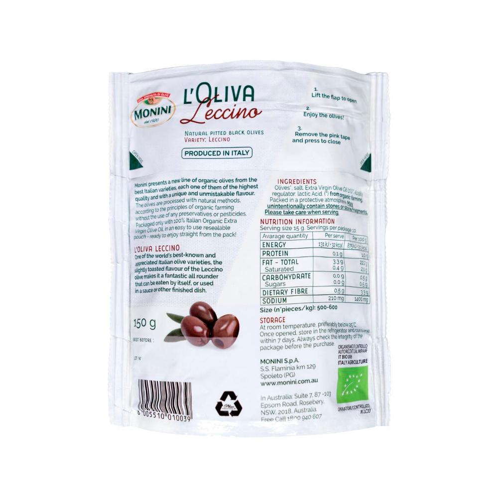 Monini Organic Olives Black Pitted Leccino - 150g