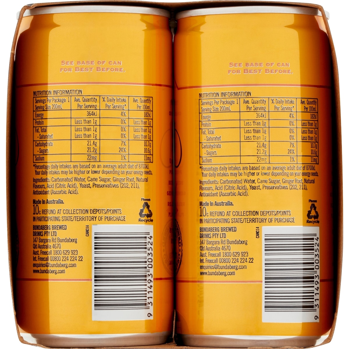 Bundaberg Ginger Beer Mini Cans 200ml X 6 Pack