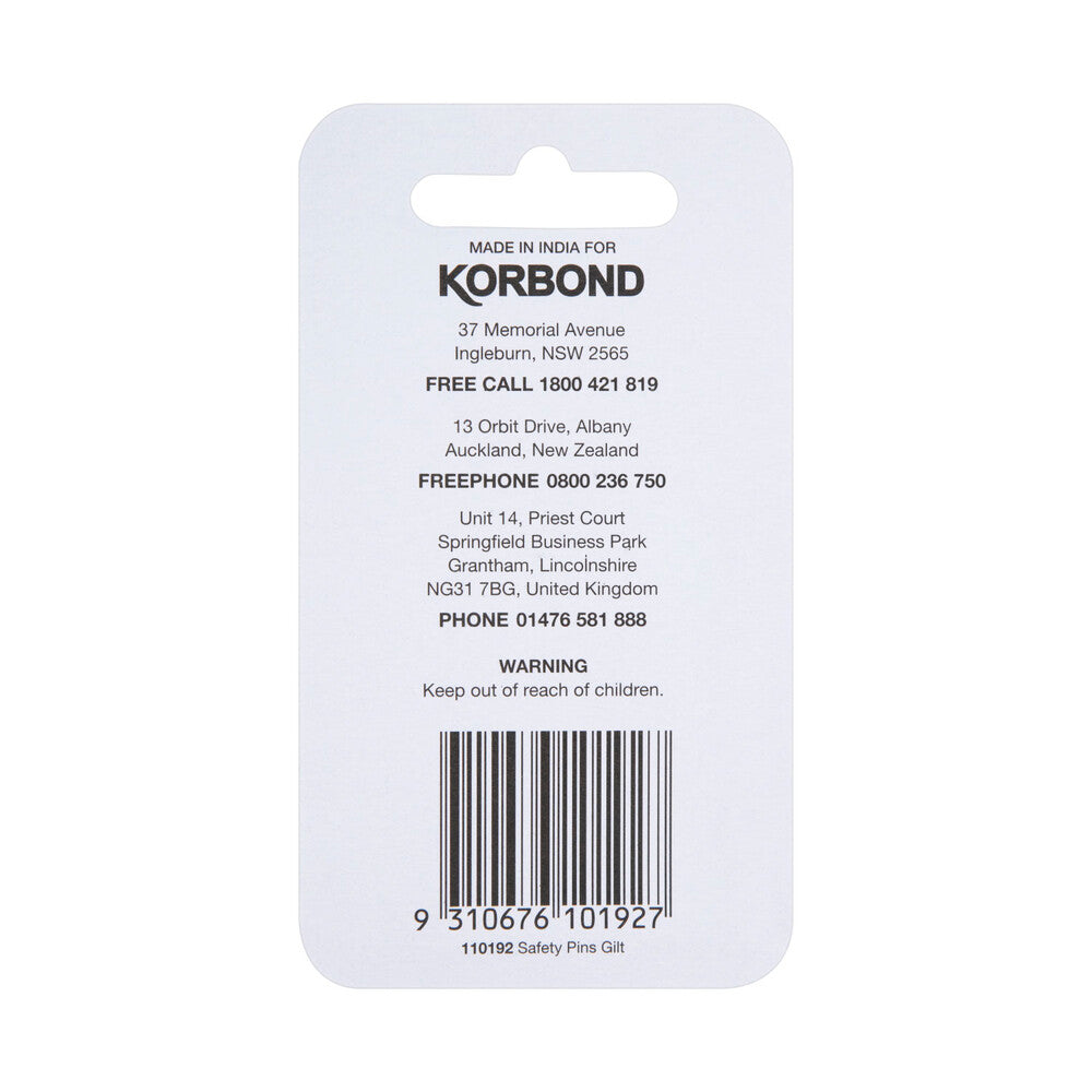 Korbond Gilt Safety Pins Assorted Sizes - 1 pack
