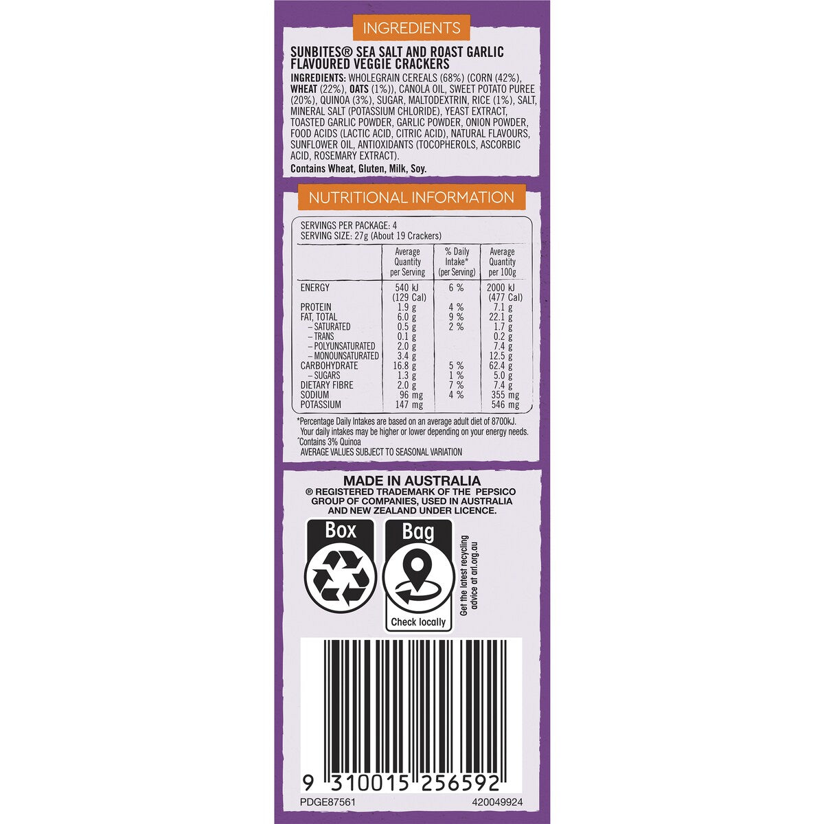 Sunbites Veggie Sweet Potato Crackers Share Pack Sea Salt & Garlic 110g