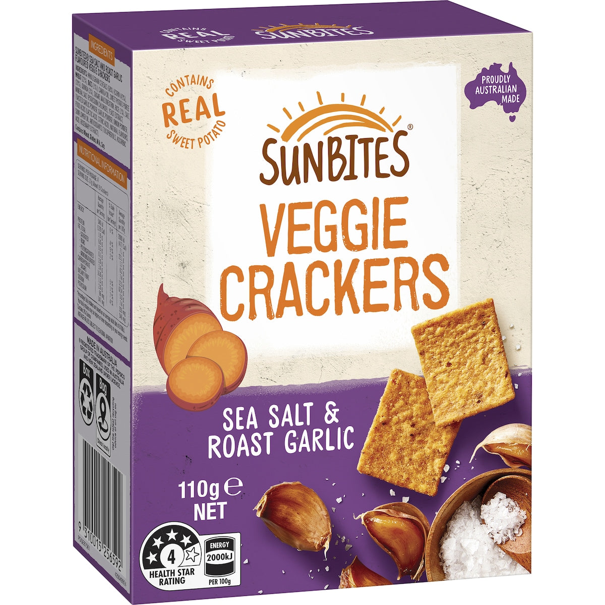 Sunbites Veggie Sweet Potato Crackers Share Pack Sea Salt & Garlic 110g