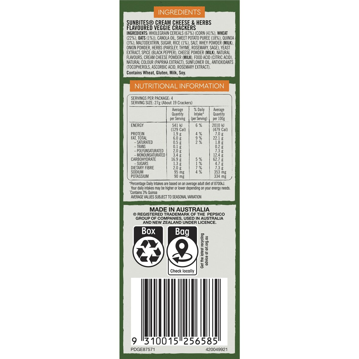 Sunbites Veggie Sweet Potato Crackers Share Pack Cream Cheese & Herb 110g