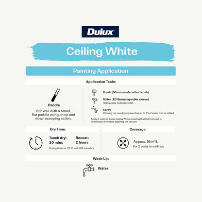 Dulux White Ceiling Paint 1L Water-Based Flat Finish Easy Apply