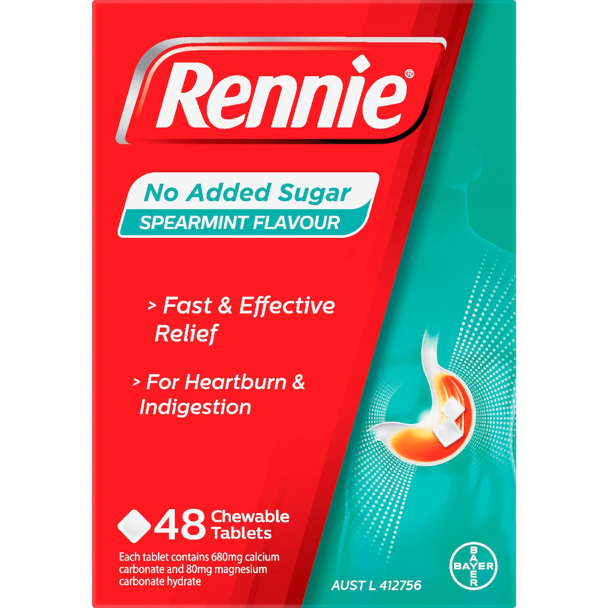 Rennie Antacid Chewable Tablets Spearmint Flavour 48 Pack