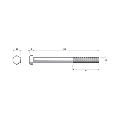 Zenith Hot Dip Galvanised Hex Head Bolts - M16 x 200mm - 12 Pack