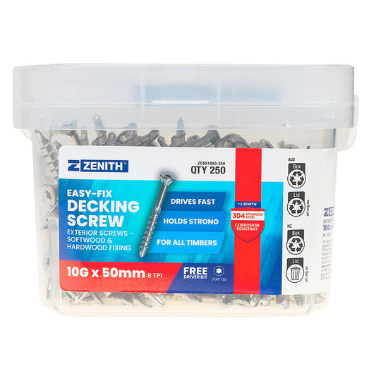 Zenith Easy Fix Decking Screw - T20 - 10g x 50mm - 250 Pack