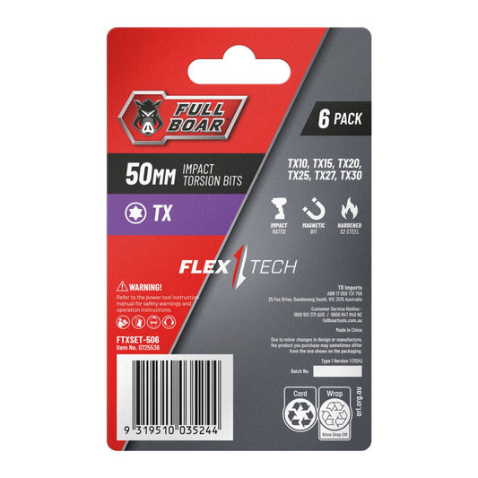 Full Boar Impact Torsion Bits Set TX x 50mm 6 Pack