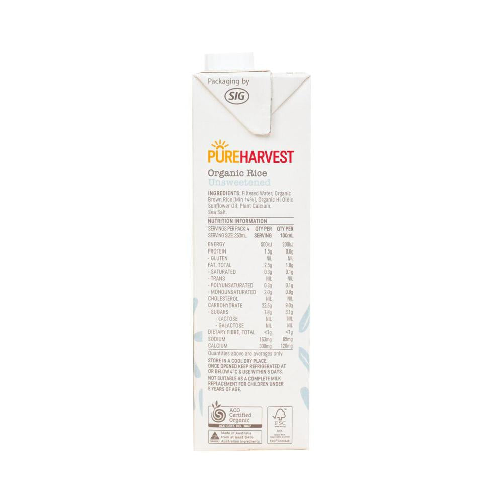 Pureharvest Organic Rice Unsweetened Long Life Milk Uht - 1L