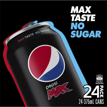 Pepsi Max No Sugar Soft Drink Cans 375ml X 24 Pack