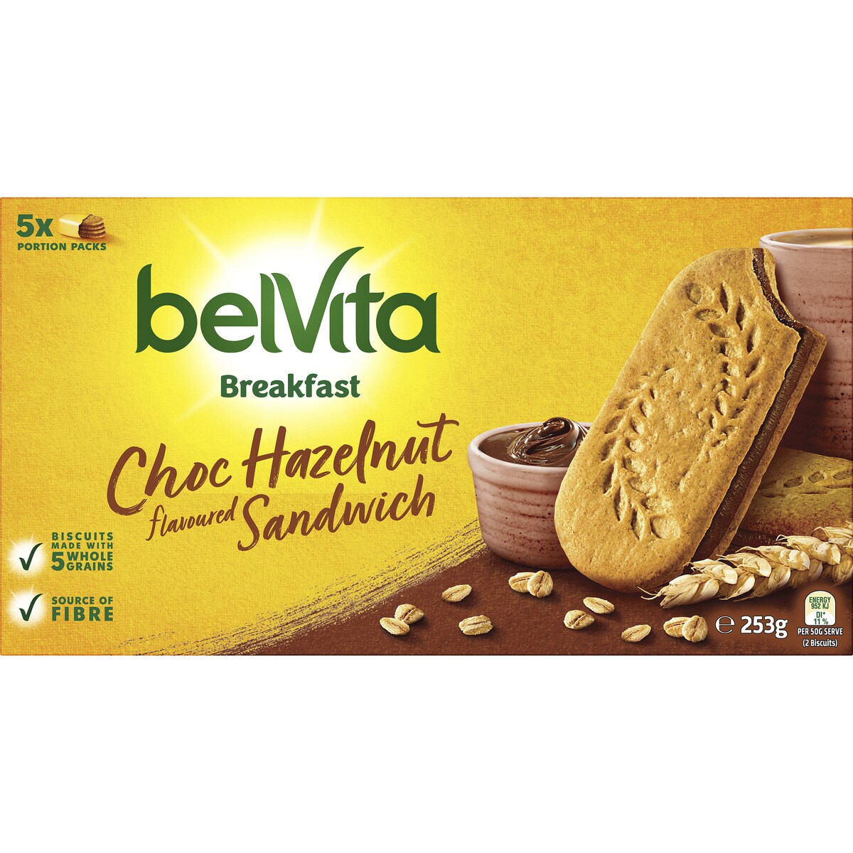 Belvita Choc Hazelnut Sandwich Breakfast Biscuits 5 Pack 253g