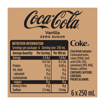 Coca-Cola Zero Sugar Vanilla Soft Drink Multipack Mini Cans 6x250ml