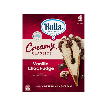 Bulla Creamy Classic Vanilla Choc Fudge Cone 4 Pack - 520mL