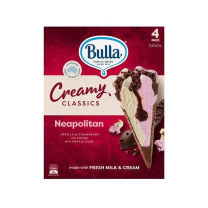 Bulla Creamy Classics Neapolitan Cone 4 Pack - 520mL
