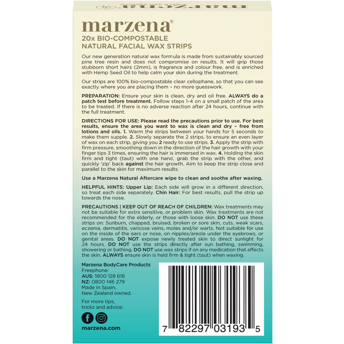 Marzena Natural Facial Wax Strips 20 Pack