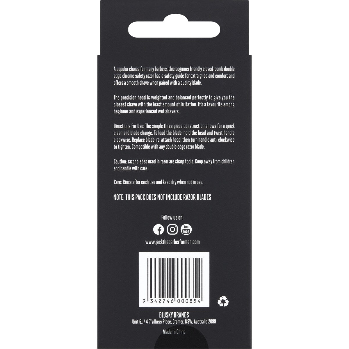 Jack The Barber Double Edge Razor (long) Each