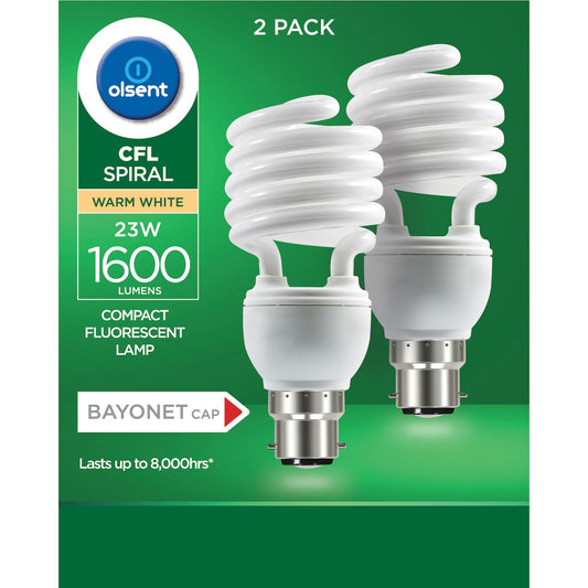 Olsent Cfl Spiral Bc 23w 1600lm Ww 23 Watt 2 Pack