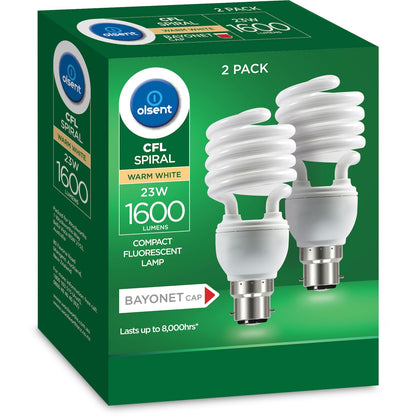 Olsent Cfl Spiral Bc 23w 1600lm Ww 23 Watt 2 Pack
