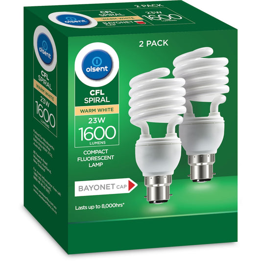 Olsent Cfl Spiral Bc 23w 1600lm Ww 23 Watt 2 Pack