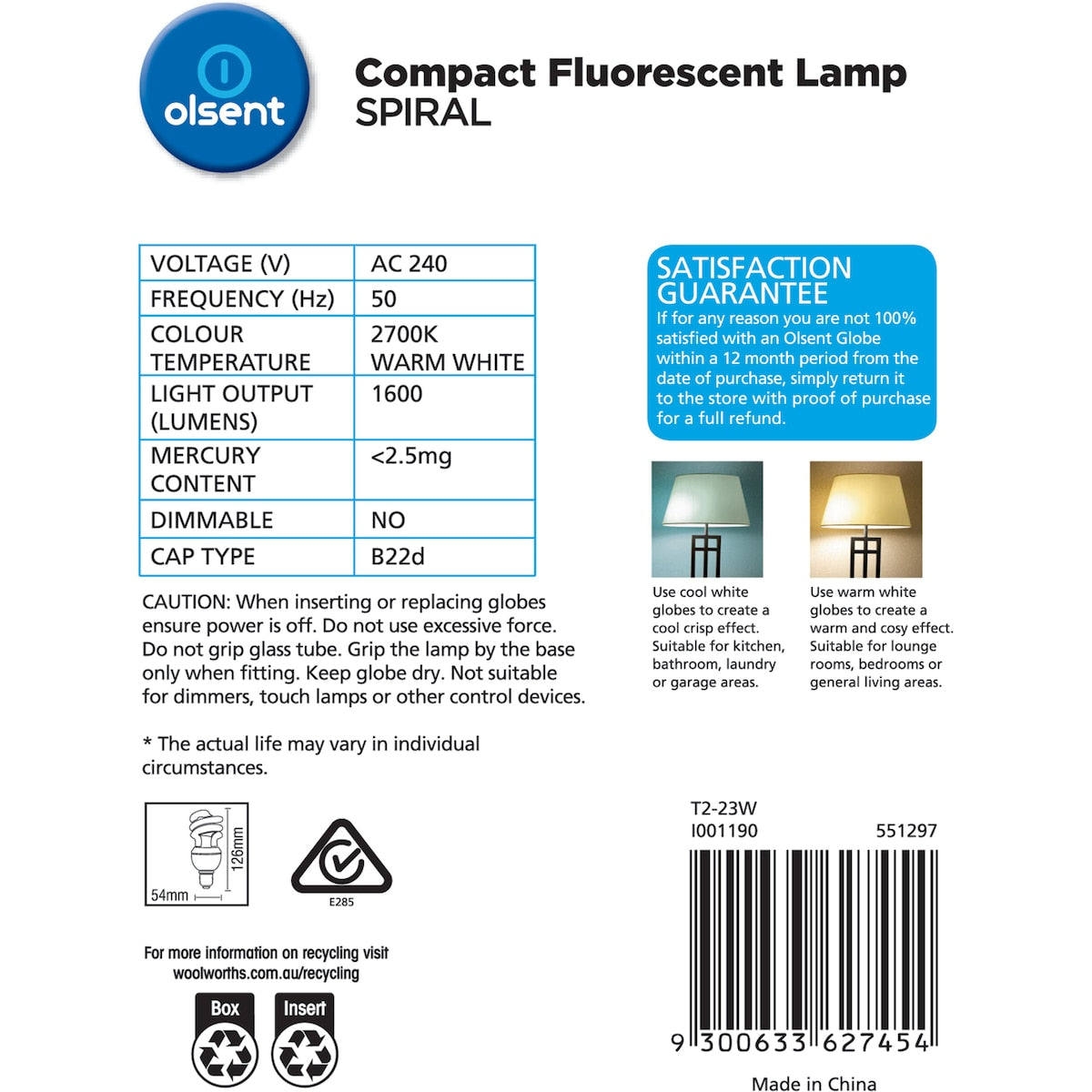 Olsent Cfl Spiral Bc 23w 1600lm Ww 23 Watt 2 Pack