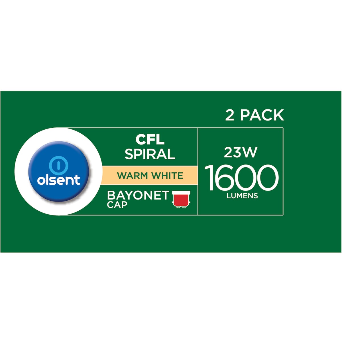 Olsent Cfl Spiral Bc 23w 1600lm Ww 23 Watt 2 Pack