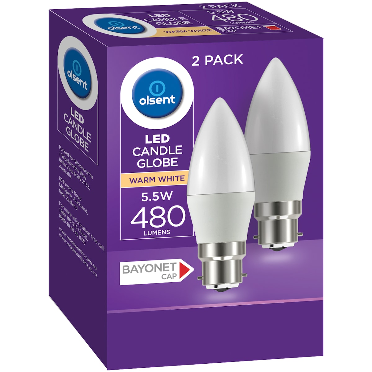 Olsent Led Candle Bc 5.5w 480lm Ww Globe 5.5 Watt 2 Pack