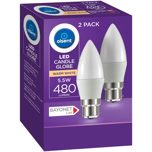 Olsent Led Candle Bc 5.5w 480lm Ww Globe 5.5 Watt 2 Pack