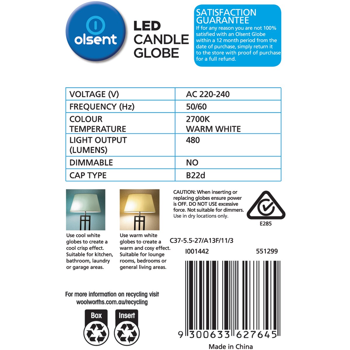 Olsent Led Candle Bc 5.5w 480lm Ww Globe 5.5 Watt 2 Pack