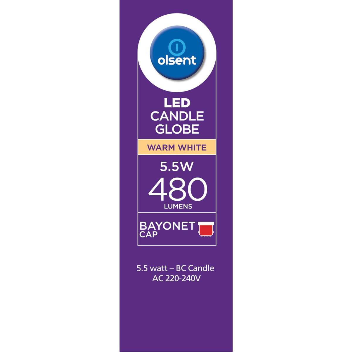 Olsent Led Candle Bc 5.5w 480lm Ww Globe 5.5 Watt 2 Pack