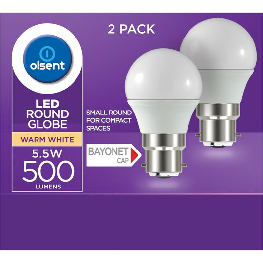 Olsent Led Round Bc 5.5w 500lm Ww Round Globe 5.5 Watt 2 Pack