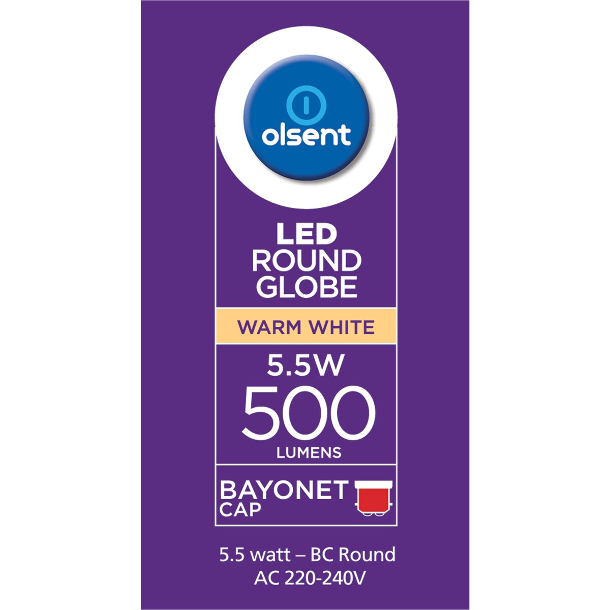 Olsent Led Round Bc 5.5w 500lm Ww Round Globe 5.5 Watt 2 Pack