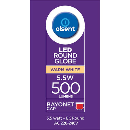 Olsent Led Round Bc 5.5w 500lm Ww Round Globe 5.5 Watt 2 Pack