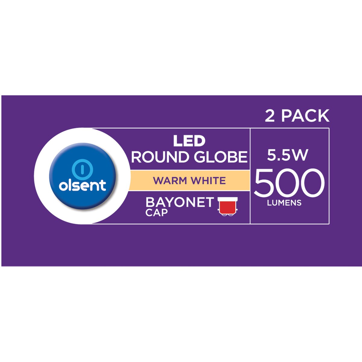 Olsent Led Round Bc 5.5w 500lm Ww Round Globe 5.5 Watt 2 Pack