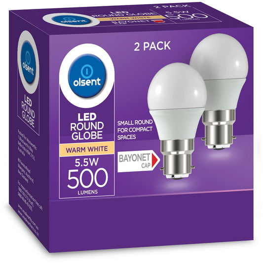 Olsent Led Round Bc 5.5w 500lm Ww Round Globe 5.5 Watt 2 Pack