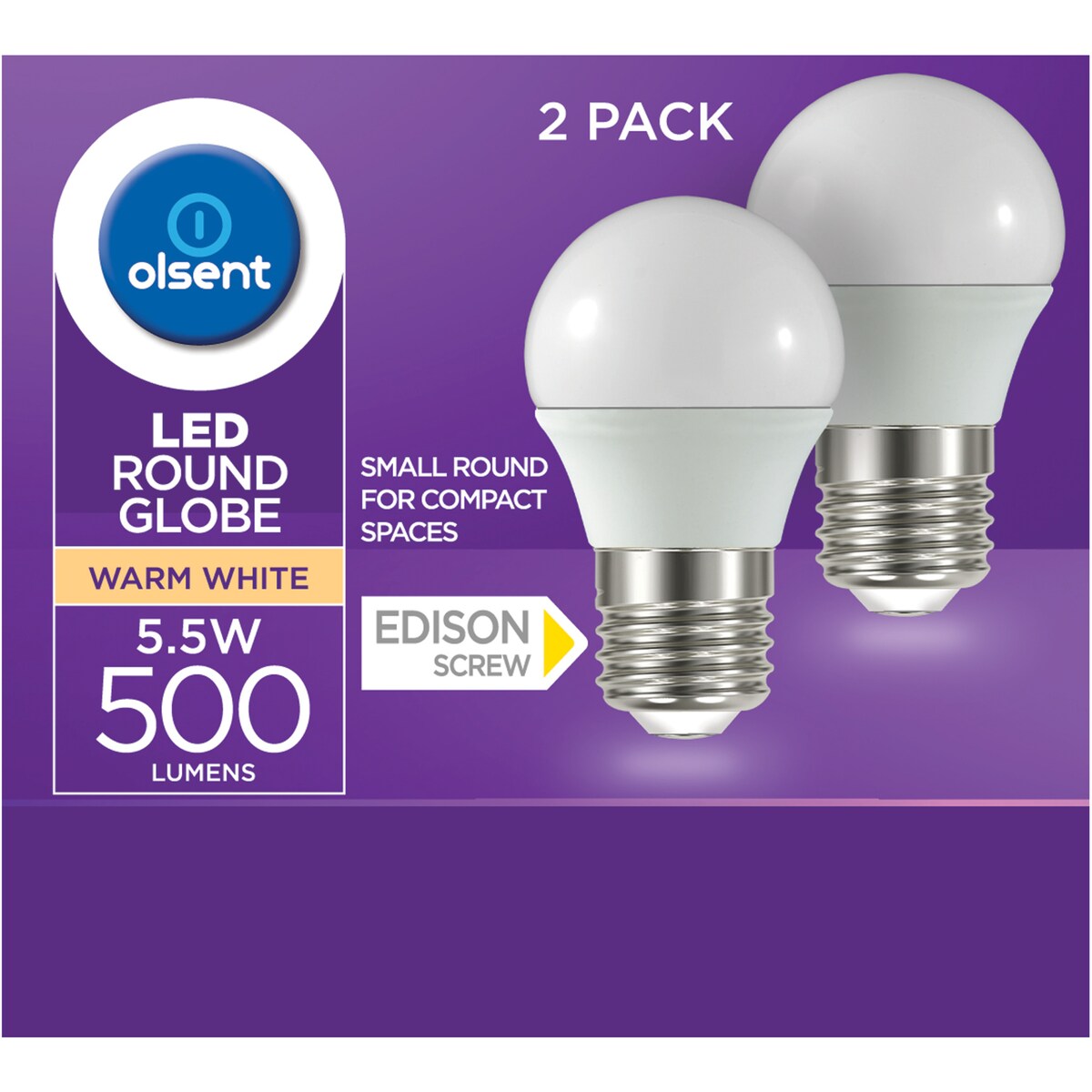 Olsent Led Round Es 5.5W 500Lm Ww Round Globe 5.5 Watt 2 pack