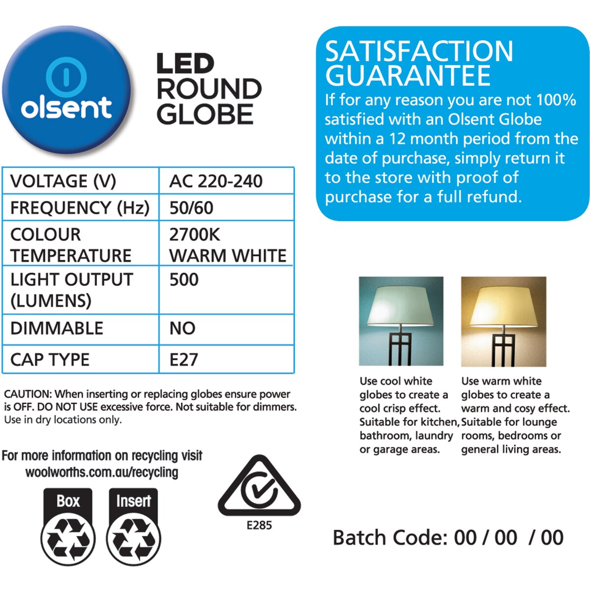 Olsent Led Round Es 5.5W 500Lm Ww Round Globe 5.5 Watt 2 pack