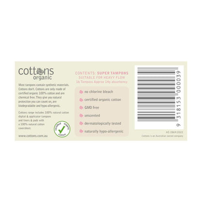 Cottons Super 100% Cotton Tampons - 16 pack