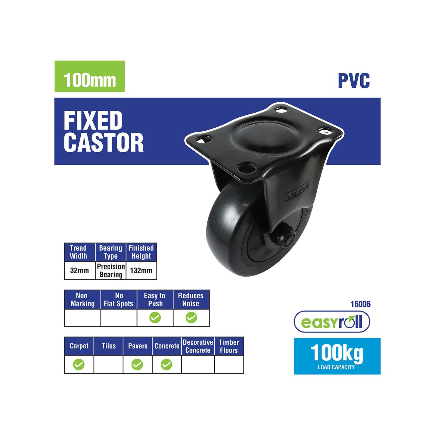 Easyroll Fixed Castor - 100mm - Black PVC