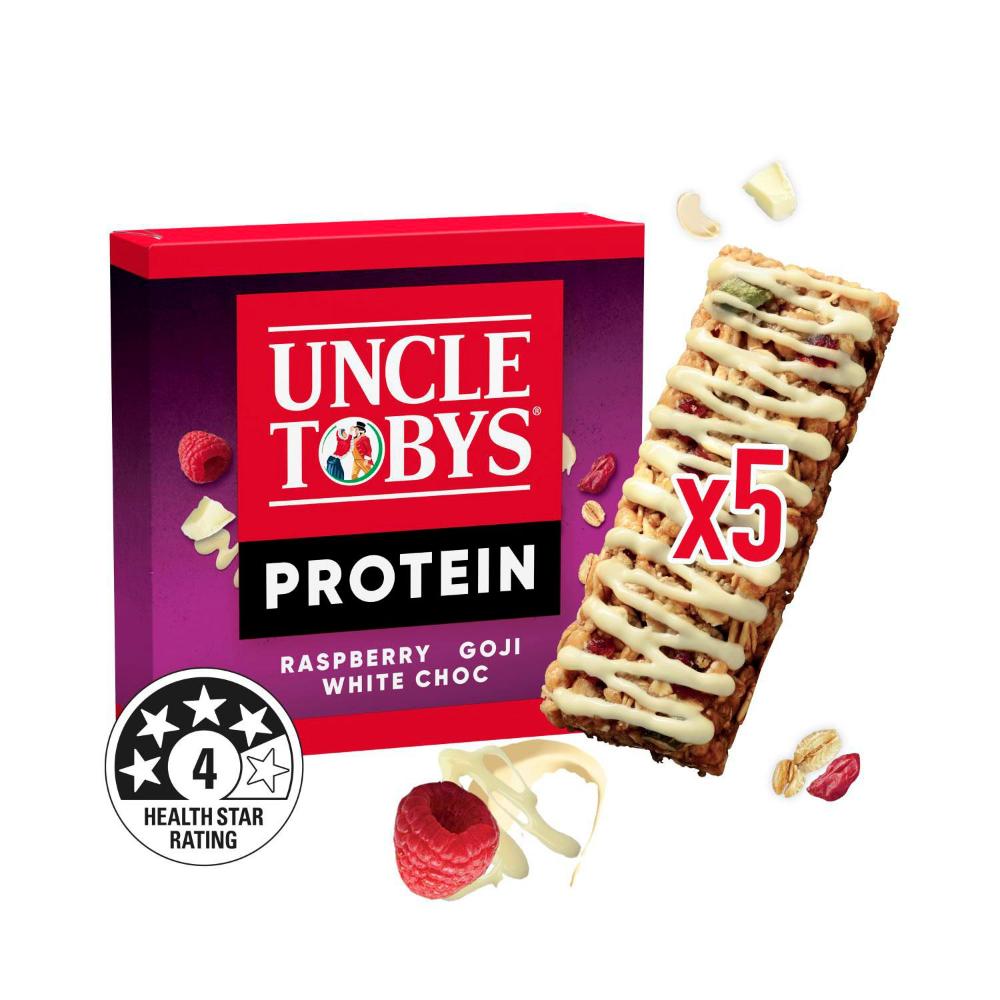 Une Tobys Protein Raspberry Goji & White Chocolate Muesli Bars School Lunchbox Snacks - 175g