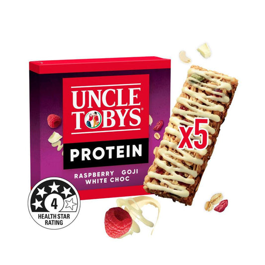 Une Tobys Protein Raspberry Goji & White Chocolate Muesli Bars School Lunchbox Snacks - 175g