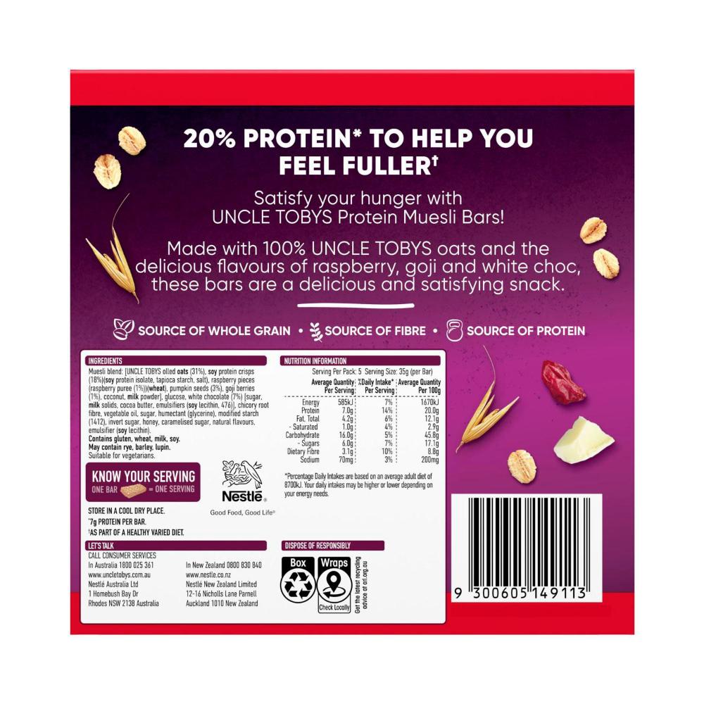 Une Tobys Protein Raspberry Goji & White Chocolate Muesli Bars School Lunchbox Snacks - 175g