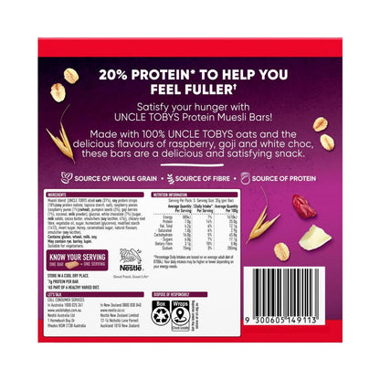 Une Tobys Protein Raspberry Goji & White Chocolate Muesli Bars School Lunchbox Snacks - 175g