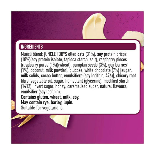 Une Tobys Protein Raspberry Goji & White Chocolate Muesli Bars School Lunchbox Snacks - 175g