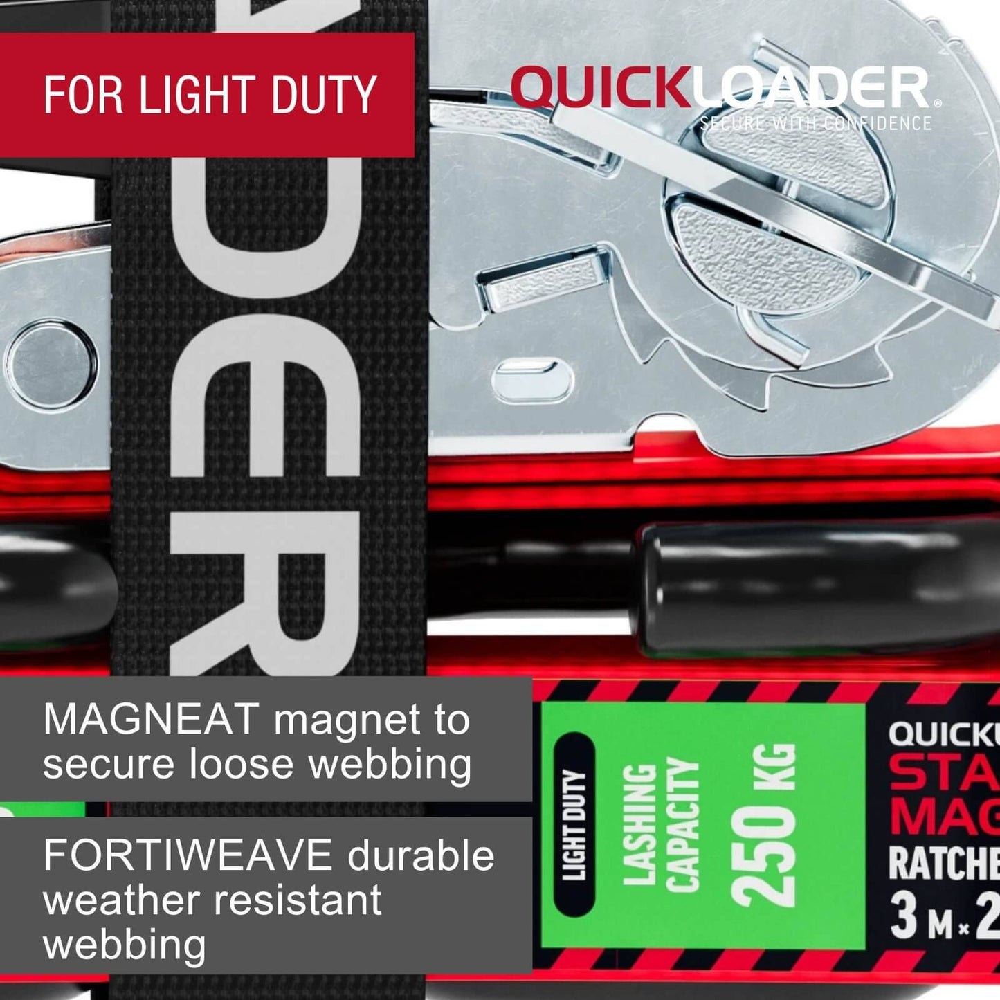 Quickloader Tie Down Strap Ratchet - 3m - 250kg - Red/Black