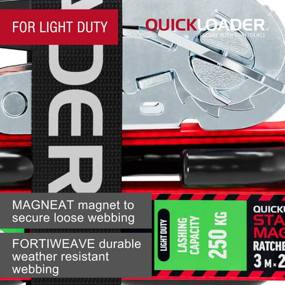 Quickloader Tie Down Strap Ratchet - 3m - 250kg - Red/Black