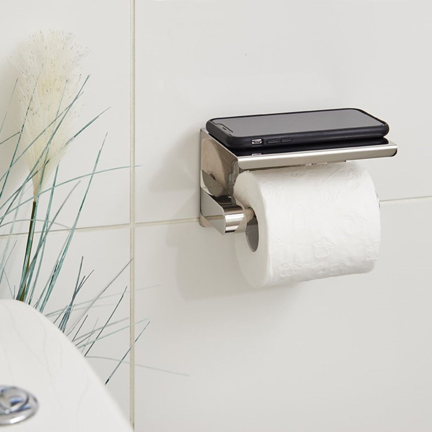 Naleon Adhesive Toilet Roll Holder with Shelf - Chrome - 140 x 93mm