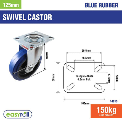 Easyroll Heavy Duty Castor - 125mm - Blue Elastic Rubber - Non-Marking