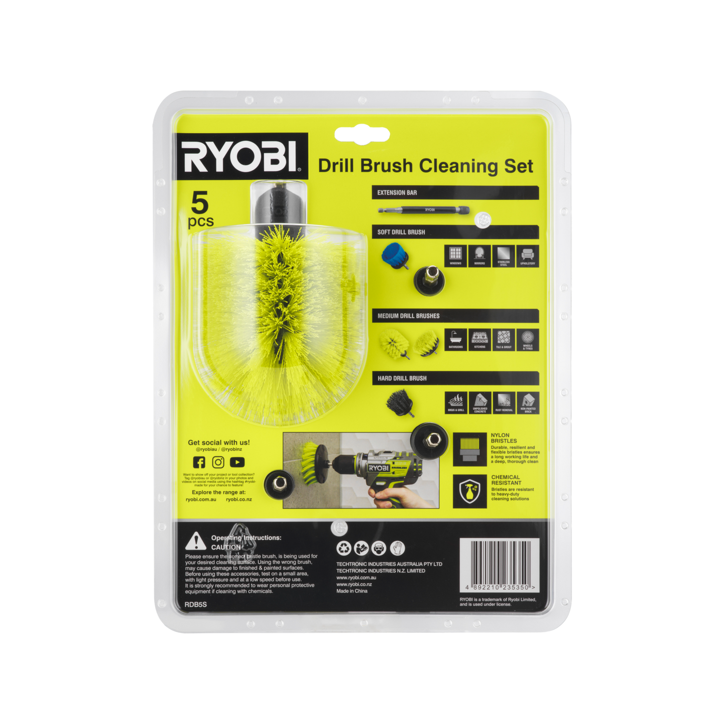 Ryobi Drill Brush Set - 285 x 90 x 218mm - 5 Piece