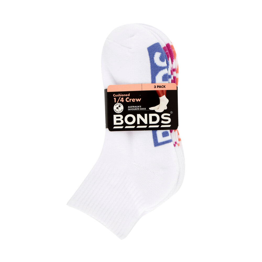 Bonds Womens Cushioned 1/4 Crew Sock Size 3+ - 3 Pack